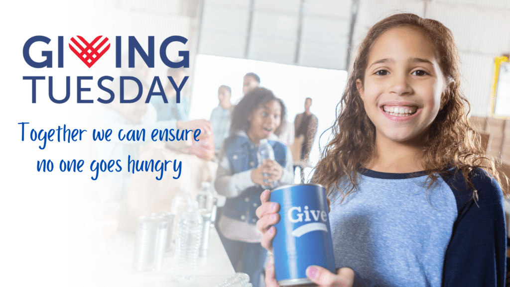 Girl with canned food donation for Giving Tuesday